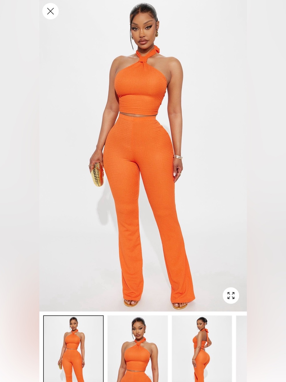 Fashion Nova Orange Halter Crop Top & Flare Pants Set